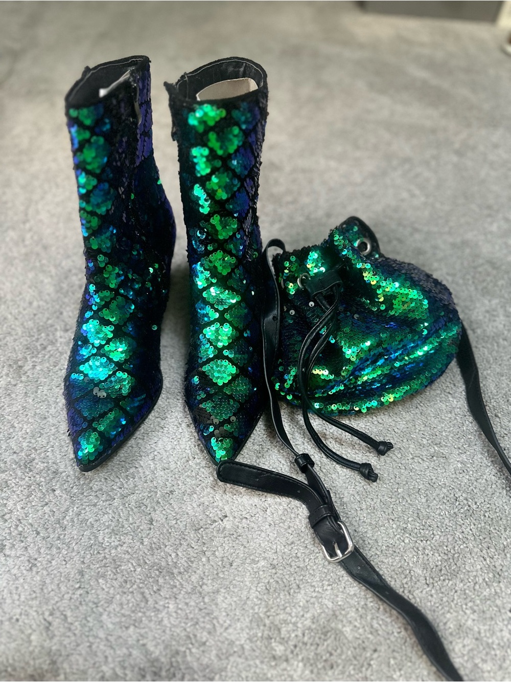 Women’s Cape Robbin Green & Blue Sequin Ankle Boots with Matching Drawstring Bag